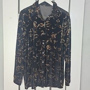 Womens Velvet Front Button Tunic Top Large Oversized Boxy Black Brown Floral